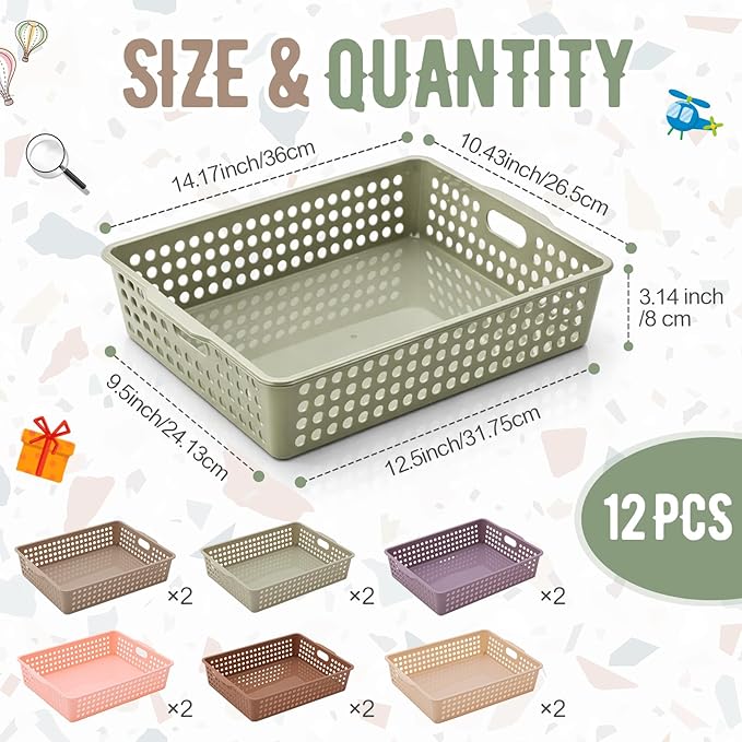 Geetery 12 Pack Classroom Storage Baskets with Handle 14''x10'' Paper Tray Holds A4 Turn in Trays Plastic Paper Baskets Desk Organizer Bin for Classroom, Library, Office, Home (Terrazzo Color)