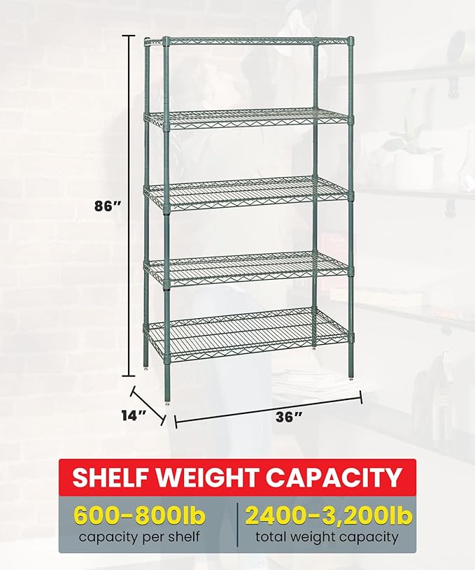 QUANTUM STORAGE SYSTEMS WR86-1436P-5 Starter Kit Wire Shelves Green Epoxy 5 Shelves 86" H x 36" W x 14" D
