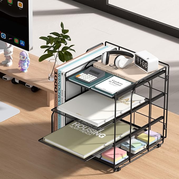 Desk Organizer, 4-Tier Metal File Organizer for Desk with Vertical File Holder, Office Accessories and Desktop Storage for Office Supplies (Black)