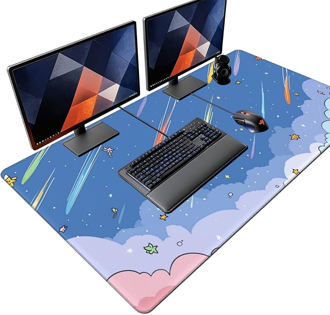 Extra Large Mouse Pad 48x24 Inch, Colorful Shooting Stars & Clouds XXXL Desk Mat with Non-Slip Base, Blue Mousepad for Gaming Office, Soft Keyboard Mat for Full Desk Coverage