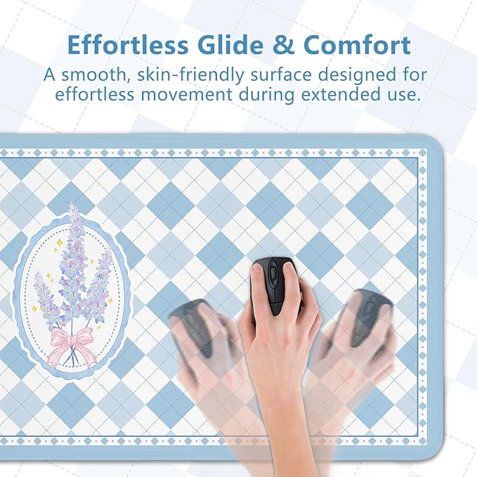 Aesthetic Floral Mouse Pad Large 35.4×15.7 Checkered Blue Desk Mat for Women, Non-Slip Water-Resistant Keyboard Pad for Home Office Gaming