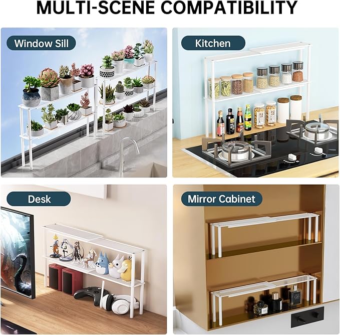 Expandable Mesh Shelf Organizer for Over-Sink Storage, Kitchen Counter, Windowsill Plants, Bathroom Vanity, and Office Desk — A Narrow Tall Solution for Tight Spaces