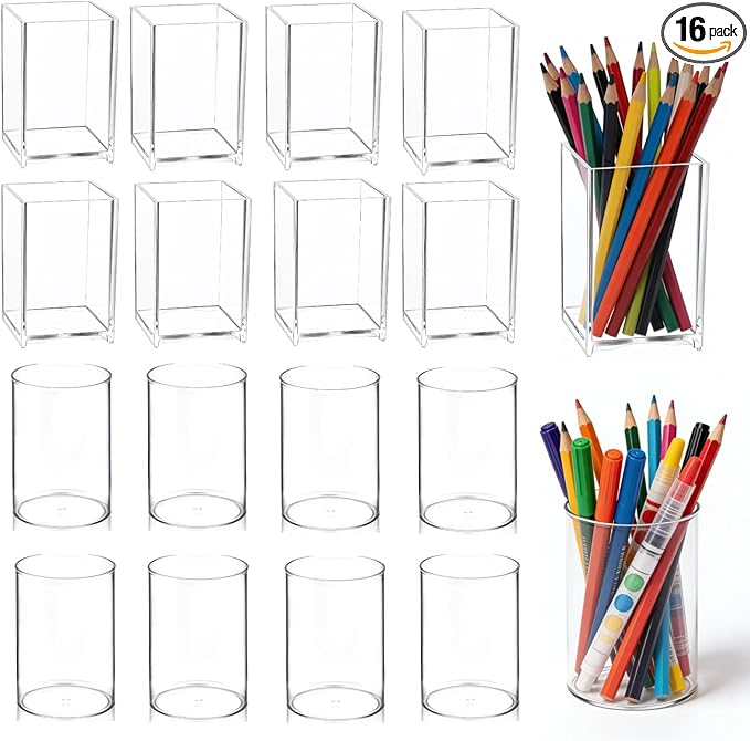 16 Pack Acrylic Pen Holder Set, 8PCS Square Pencil Organizer for Desk + 8PCS Round Clear Makeup Brush Holder, Pencil Cup Pen Organizer for School Office Stationery
