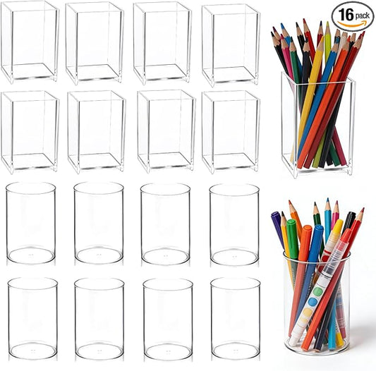 16 Pack Acrylic Pen Holder Set, 8PCS Square Pencil Organizer for Desk + 8PCS Round Clear Makeup Brush Holder, Pencil Cup Pen Organizer for School Office Stationery