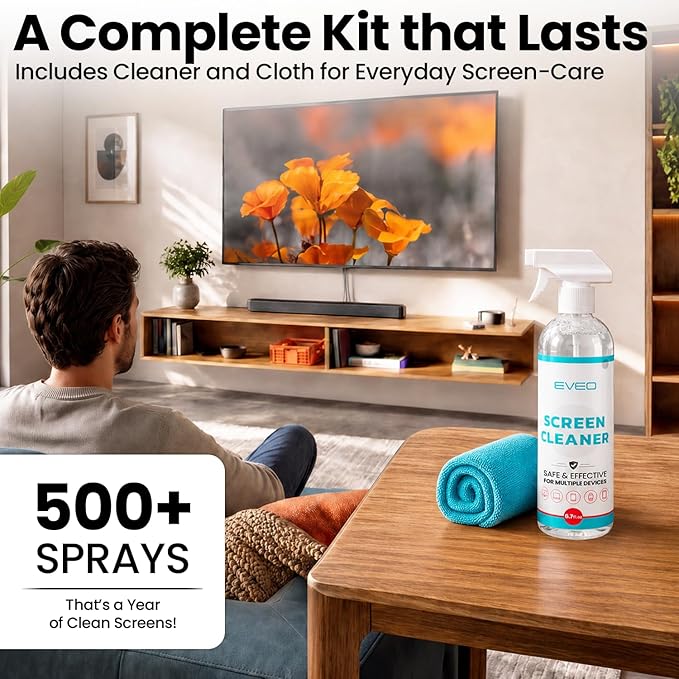 EVEO® TV Screen Cleaner Spray (Streak-Free) TV Screen Cleaner for Smart TV, LCD, LED, OLED | Computer Screen Cleaner Spray and Wipe Microfiber Cloth for TV, Monitor, Laptop, iPad, Car, Tesla & More
