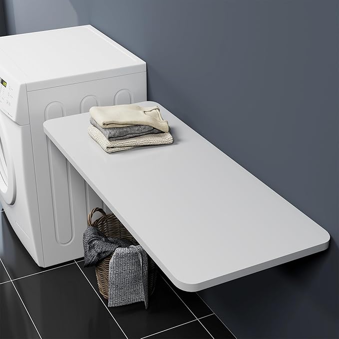 Neoaider Wall Mounted Folding Table 47.2”L x 19.7”W, Laundry Folding Table with Heavy Duty Metal Collapsible Shelf Brackets, Wall Mounted Desk Fold Down for Small Spaces, White