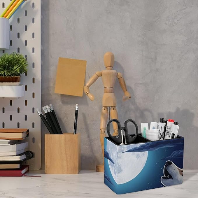 Square Brush Pot Full Moon Howling Wolf, Versatile PU Leather Pen Container for Various Uses