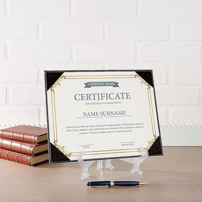 Fine Stationery Black Faux Leather Certificate Holders with Acrylic Easel Stand - 3-Pack, Holds 8.5x11'' Letter-Size Document Vertically or Horizontally, Professional Certificate Award Frame