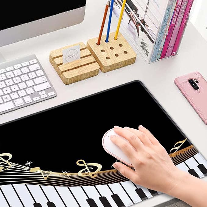 Extended Gaming Mouse Pad Big, Music Notes Long Mouse Pad Large, 31.5x11.8in Non-Slip Rubber Base Black Mousepad, Stitched Edges Keyboard Mouse Mat Desk Pad