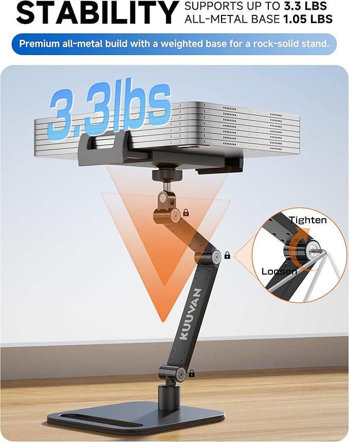 Portable Monitor Stand Holder for 15.6'',17.3'', Tablet Stand Holder for iPad, Aluminum Alloy Foldable Arm Mount with 360° Swivel Desk Mount Compatible with 4.7-17.3inch Tablet (Black)