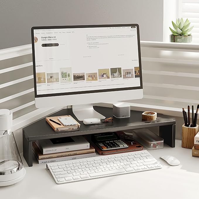 Corner Monitor Stand Wood Cut Triangle Corner Computer Stand, Desk Corner Monitor Riser with Storage Keyboard ＆ Mouse, Screen Stand Office Workspace Organizer ( Color : Black , Size : H-8cm(3 1/8") )