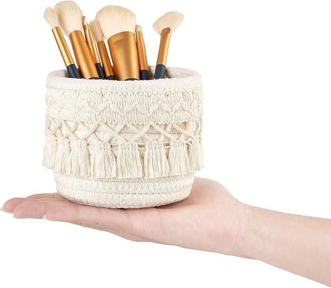 Mkono Macrame Makeup Brush Holder Organizer Comb Brushes Mini Storage Basket Set of 2 Boho Decor Baskets for Pen Pencil Box Container, X-Small, Ivory