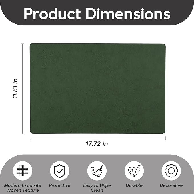Placemats Set of 4 Reversible Dual-Color Table Placemats, Faux Leather 100% Waterproof Oil-Proof Wipeable Place Mats, Heat Resistant Dual Sided Table Mats for Kitchen/Dining/Party (Green&Gray