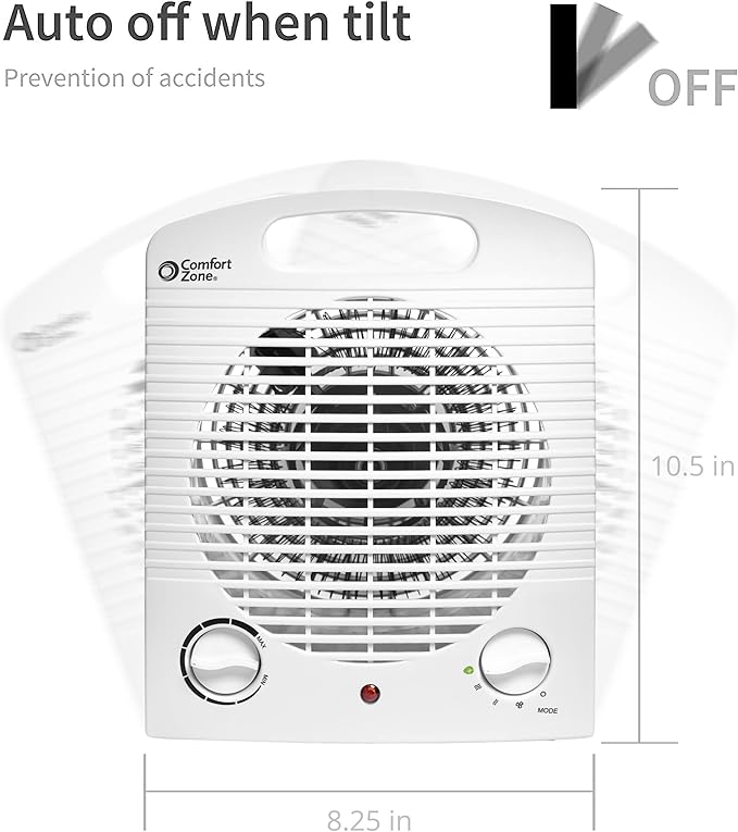 Comfort Zone Personal Space Heater – Energy Efficient 1500W Electric Heater with Adjustable Thermostat, 3 Heat Settings & Energy Save Mode – Portable, Tip-Over & Overheat Protection for Home & Office