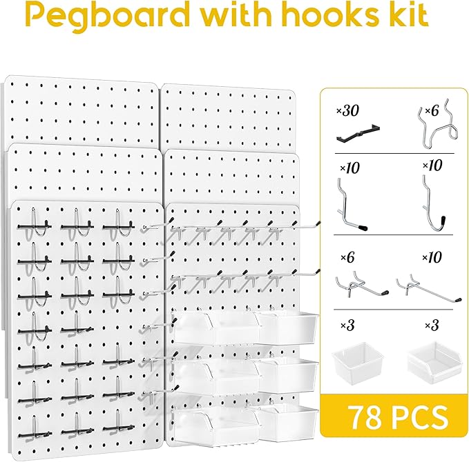Peg Board for Tools, 6 Pack Metal Pegboard Wall Organizer with Hooks,14.76"×10.82" White Pegboard Panels for Walls Home, Garage Tool Storage, Kitchen, Office Organization, Craft Room