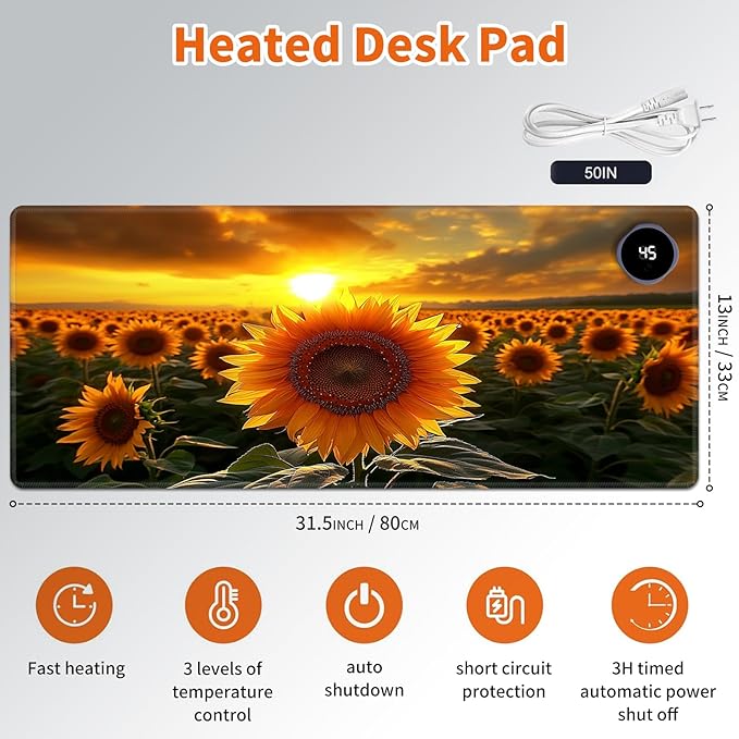Heated Mouse Pad,Warm Desk Pad with 3 Levels Heating & 3 Hours Auto Shut-Off, PU Leather Heated Desk Pad Warmer Pad for Home Office - 31.5 x 13 inch,Sunflower Clusters