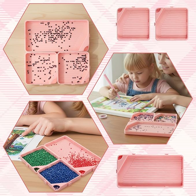 3 Pcs Diamond Art Trays, 2 Size Diamond Art Storage Containers Bead Sorting Trays Rhinestone Tray Organizer Diamond Art Accessories and Tools for DIY Crafts (Pink)