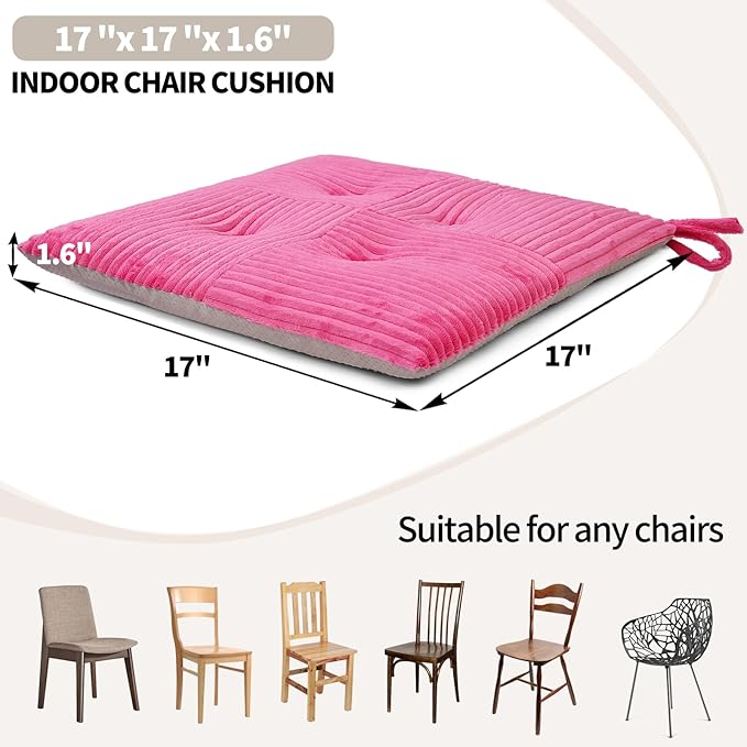 Office Stacking Chair Cushion with Ties, Corduroy High Density Foam Non-Slip Kitchen Seat Cushion, Square 17" x 17" Indoor Dining Chair Pads, Pink, 1 PCS