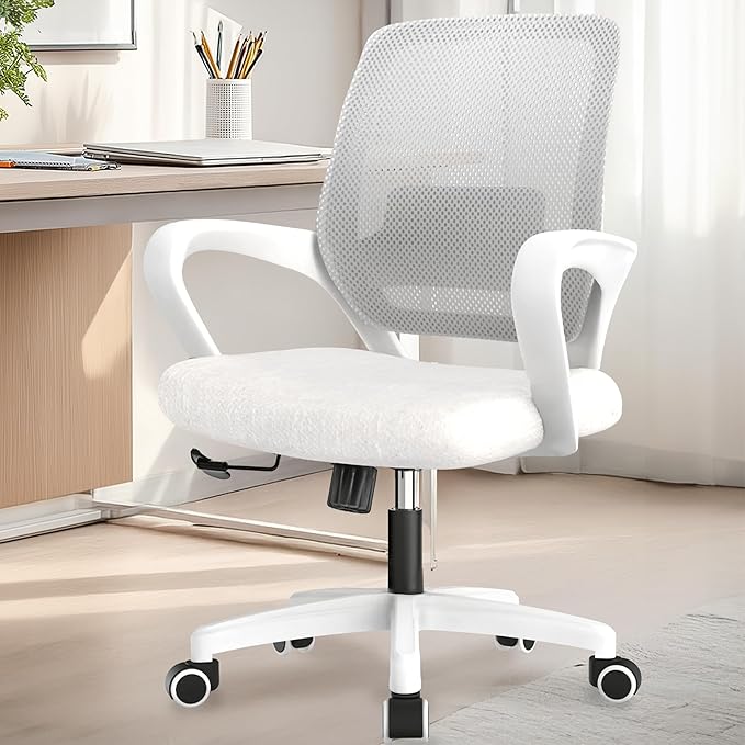NEO Chair Office Desk Computer Ergonomic Chair Comfy Mid Back Mesh Seat with Lumbar Support Adjustable Height Swivel Rolling Wheels for Home Task Vanity Study Bedroom (Ivory-White Frame)