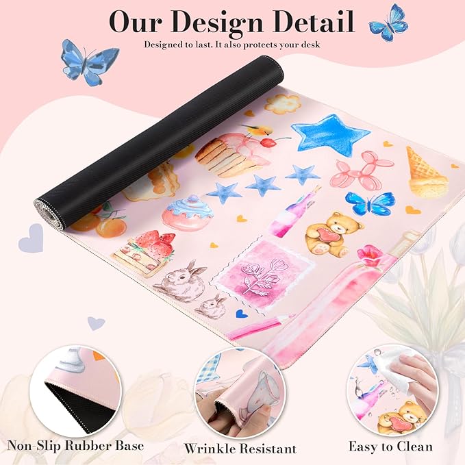 iCasso Pink Desk Mat, Cute Aesthetic Large Mouse Pad, Waterproof Keyboard Pad, Non-Slip Desk Protector with Stitched Edges for Women Home Office, Gaming, Dorm