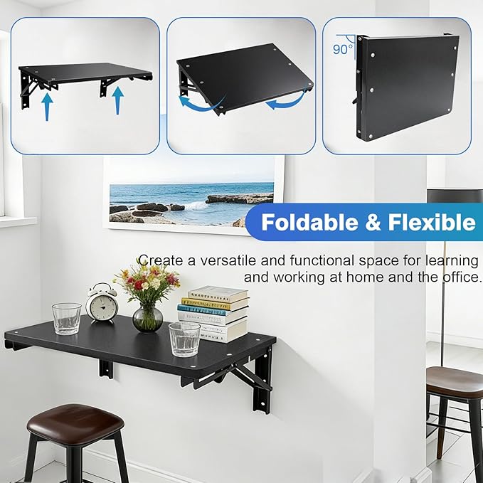 Folding Shelf Wall Mounted for Small Space, Wooden Wall Table for Living Room Bedroom Decor, Office Floating Fold Down Desk, Media Shelves with Heavy-Duty Brackets, 21.7Inches Black