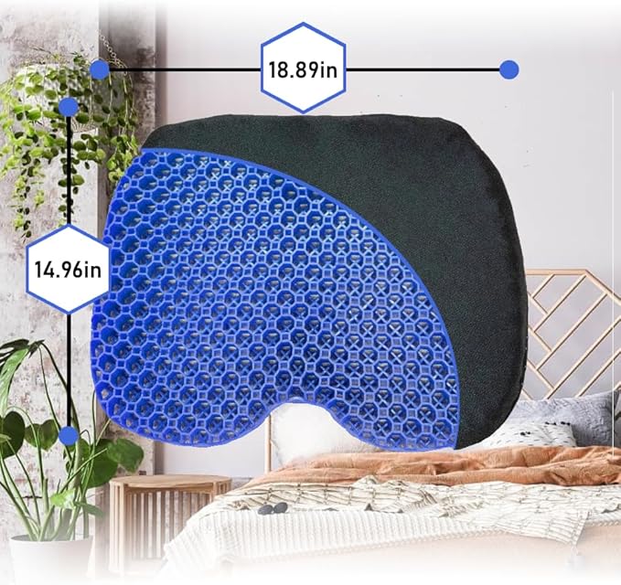 Blue Gel TPU Seat Cushion — Large Contoured Honeycomb Cooling Gel Cushion for Long Sitting, Pressure Relief for Tailbone & Sciatica, Non-Slip Washable Cover — 18.89 x 14.96 in