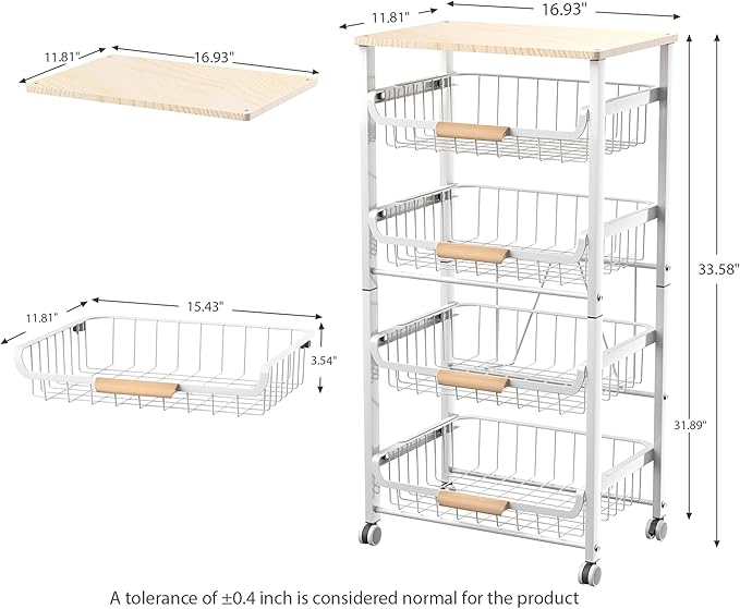JAQ Vegetable Storage Cart with Wheels, 5-Tier Rolling Cart with Slide-Out Baskets for Onion Potato Storage, Metal Produce Rack Organizer with Wooden Top & Handle for Kitchen Pantry, White
