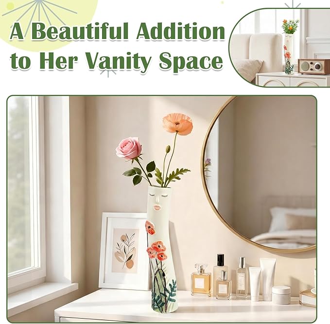 Cute Face Bud Vase, Hand Painted Resin Mini Vase, Boho Decorative Vase for Desk Shelf Living Room Decor, Unique Gift Idea for Women (Face & Orange Blooms)
