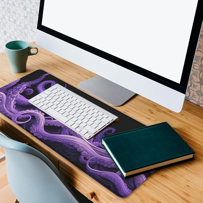Octopus Tentacles Gaming Mouse Pad Ocean Purple Tentacles Waves Mousepad Extended Large Laptop Keyboard Non-Slip Rubber Base with Stitched Edges for Home 31.5x11.8 in