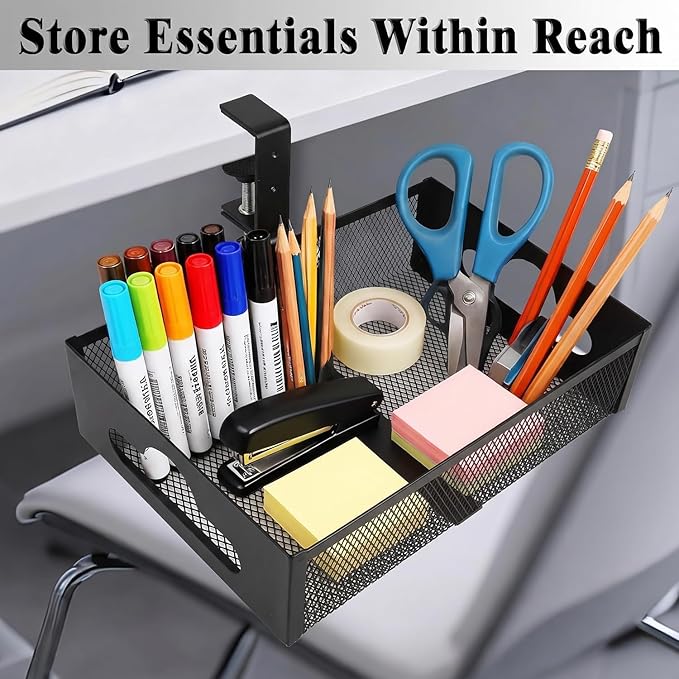 Under Desk Organizer 360° Swivel,under Desk Drawer, Clamp-On No Drill Installation,Sturdy Mesh Storage Drawer for Office,Drawing Room and Kitchen Room,Art Supplies and More(Without Cup Holder)