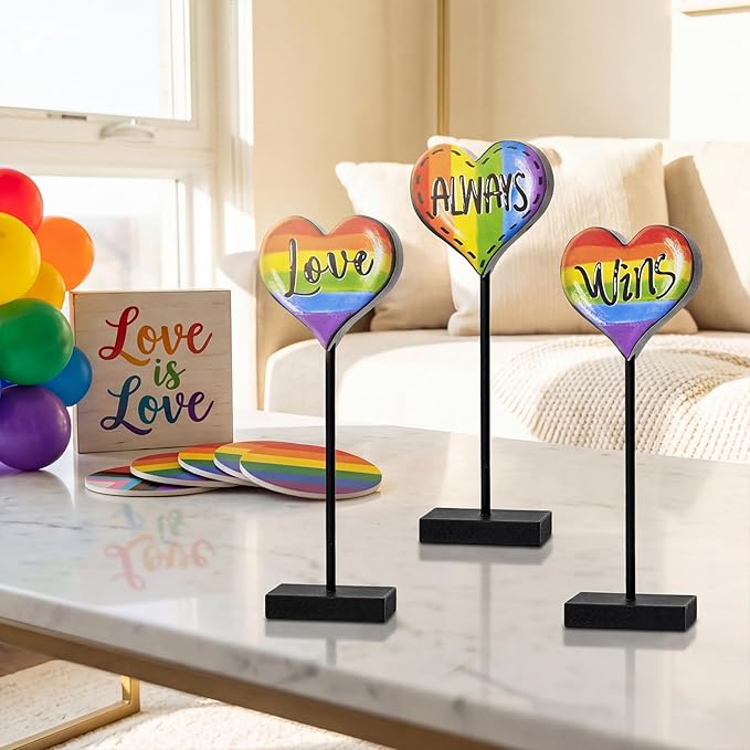 Smile LGBTQ+ Pride Wooden Tabletop Sign Love Always Wins Rainbow Heart Desktop Plaque with Stands Indoor Decor for Pride Month, Home & Office Gay Pride Gift