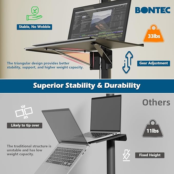 BONTEC Mobile TV Stand for 23-65 Inch TVs, Rolling TV Stand with Locking Wheels, Adjustable Height, Media Shelf, Outdoor TV Stand Max VESA 400x400mm, Holds Up to 88lbs