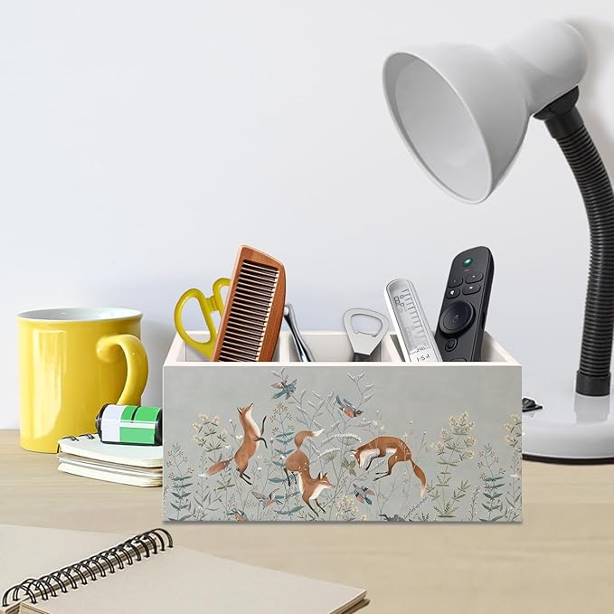 Vintage Fox Wooden Pen Pencil Holder for Desk Accessories, Fox Gifts for Women, Woodland Foxes and Birds Floral Botanical Wood Makeup Brush Toothbrush Holder Organizer for Vanity Bathroom
