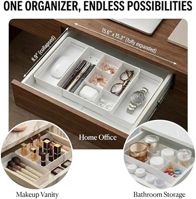 4-Way Expandable Drawer Organizer, Up to 13 Compartments Desk Divider with 6 Adjustable Dividers & Non-Slip Pads, Low Profile Tray (2.2" Tall) for Office, Makeup Vanity, White