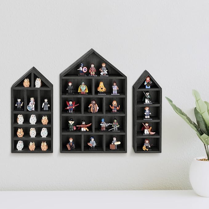 Ikee Design House-Shaped Wooden Shadow Cubby Box Display Shelf Organizer Storage Shadow Box for Mini Figures, Set of 3, 10 W x 2 1/4 D x 15 H in, Black Color
