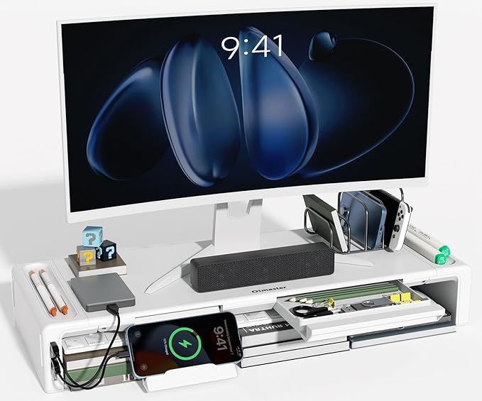 OImatser Monitor Stand Riser with USB 3.0 Hub & Type-C Port, Foldable Adjustable Computer Stand with Storage Drawer, Pen Slot & Phone Holder, Space Saving Laptop Stand for Home Office Desk Organization (White-3.0 HUB-Adapter)