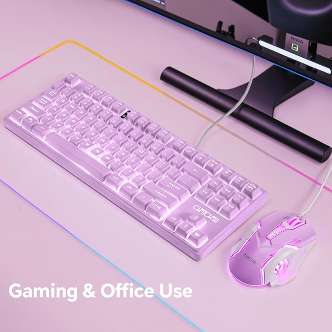 CHONCHOW LED Keyboard and Mouse Combo,Wired 87 Key Mechanical Feel Anti-ghosting Backlight Keyboard with Multimedia Keys for Windows, Mac Desktop/Laptop/PC (Purple)