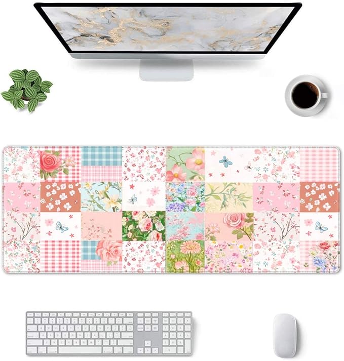 Patchwork Floral Mouse Pad 31.5 X 11.8 Inch Big Desk Rubber Base Stitched Edges Keyboard Pad XXL Mouse Mat for Home Game and Office