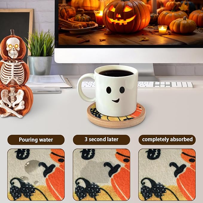 Fall Coaster Set of 6 Cewiru Halloween Coasters for Drinks Absorbent Cup Mats for Table Protection Unique Halloween Round Coasters for Coffee Table Kitchen Decor 4.3"