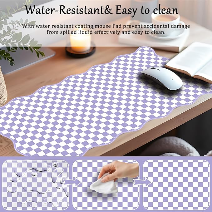 Scalloped Desk Mat Extended Large Cute Purple Mouse Pad Farmhouse Desk Pad XXL Aesthetic Plaid Mousepad Checkered Gaming Mouse Pad for Keyboard Computer Laptop Home Office Accessories Girl 35.4X15.7In