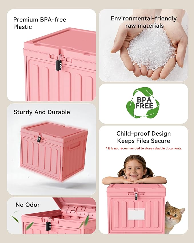 Small File Cabinet, Plastic File Box with Lid for Letter Size Hanging File Folders, Easy Carry Filling Box for Home, Office, School, Vertical File Cabinets, Stackable Storage Bins(Pink,1 Pack)