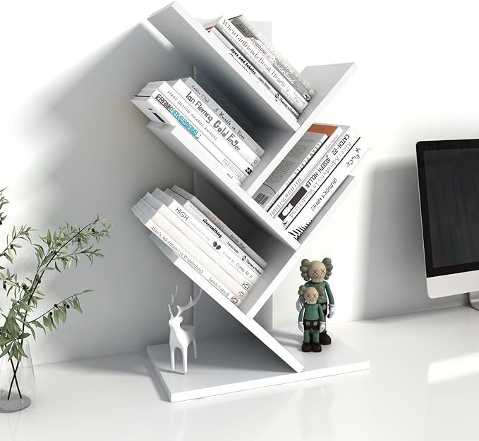 Godferyxin Small Bookcase for Desk Decor, 5-Tier White Wood Small Bookshelf – Compact Corner Mini Bookcase for Bedroom, Office, or Apartment, Holds Books, CDs, and Decor Book Tree Bookshelf