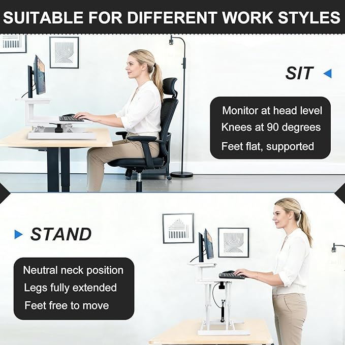 Ergonomic Desk Riser for Standing Height Adjustable Standing Desk Converter 10.2-24.8" 33 Lbs Capacity U-Shapeds Top & Keyboard Tray for Home Office White