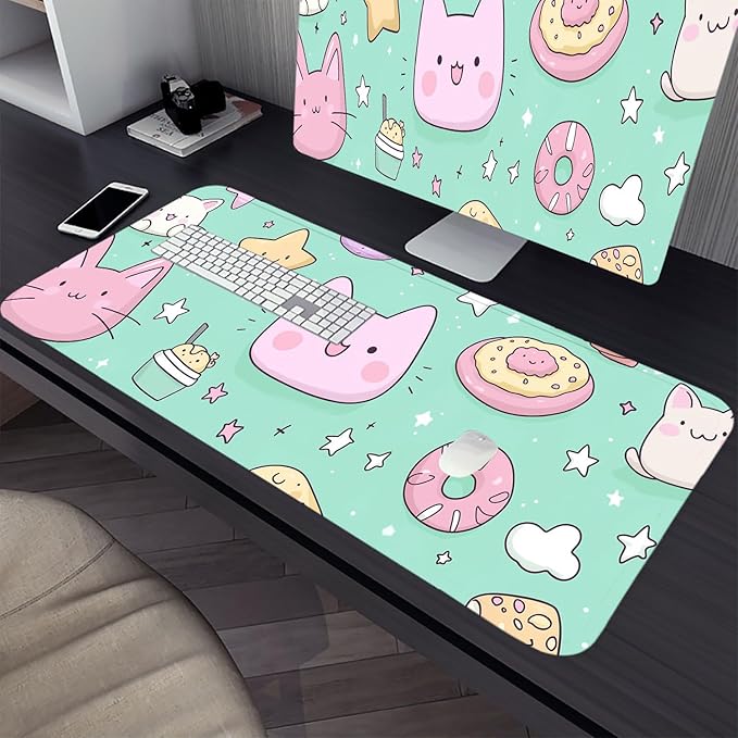 Cute Cat Desk Pad Mouse Pad Stars Donuts Clouds Cartoon XL Mouse Pad Large Mousepad Extended Laptop Keyboard Mat Gaming Desk Pad Mouse Mat 31.5"x11.8" Office Computer Keyboard Laptop Home