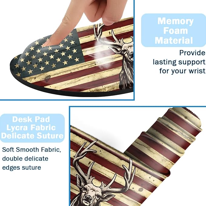 Ergonomic Mouse Pad Set with Wrist Support for Keyboard and Wrist Rest for Mouse, Memory Foam Comfort, Non-Slip Large Desk Mat for Home Office Pain Relief,Camo Deer American Flag Design