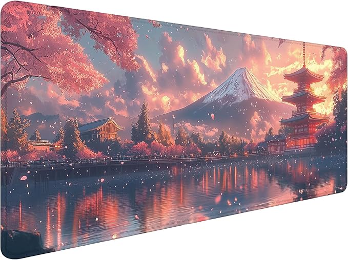 Mount Fuji Desk Pad Mouse Pad Cherry Pink Pavilion Lake Japan Large Gaming Mouse Mat with Stitched Edges,Non-Slip Waterproof Rubber Base Mous Mat 31.5"x11.8" Office Computer Keyboard Laptop Home