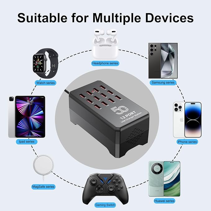 50W 12-Port USB Charging Station for Multiple Devices-Portable USB Charging Hub Compatible with iPhone, Android, Tablet, AirPods & More-Compact Charger Block for Home, Office & Entrepreneur.