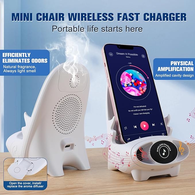 Mini Chair Wireless Fast Charger Multifunctional Phone Holder, Portable Mini Chair Wireless Charger, 3 in 1 Cell Phone Stand for Desk, Charging Desktop Cellphone Stand with Speaker Function (White)