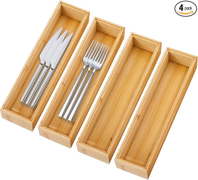 MAQUITA 4 Pack Kitchen Drawer Organizer, Small Silverware Drawer Organizer, Bamboo Utensil Organizer for Bathroom, Dressing Room, Office, Pantry (Natural, 12" x 3" x 2")