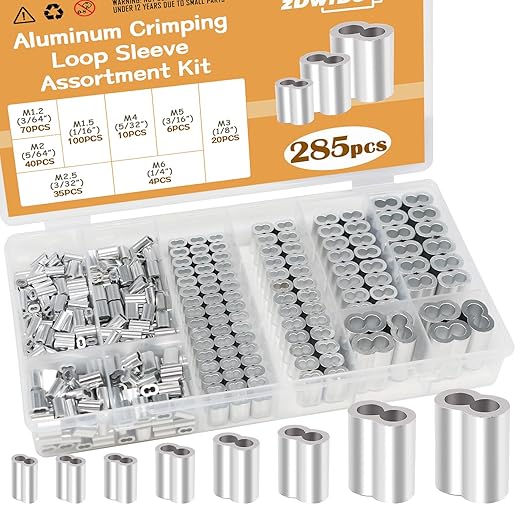 285PCS 8 Sizes Aluminum Crimping Loop Sleeve Cable Crimps, 3/64'' 1/16'' 5/64'' 3/32'' 1/8'' 5/32'' 3/16'' 1/4'' Cable Ferrules Kit DD042